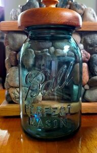 Vintage 1920s Ball Perfect Mason Aqua Glass Jar w/ Wooden Lid – Antique Jar